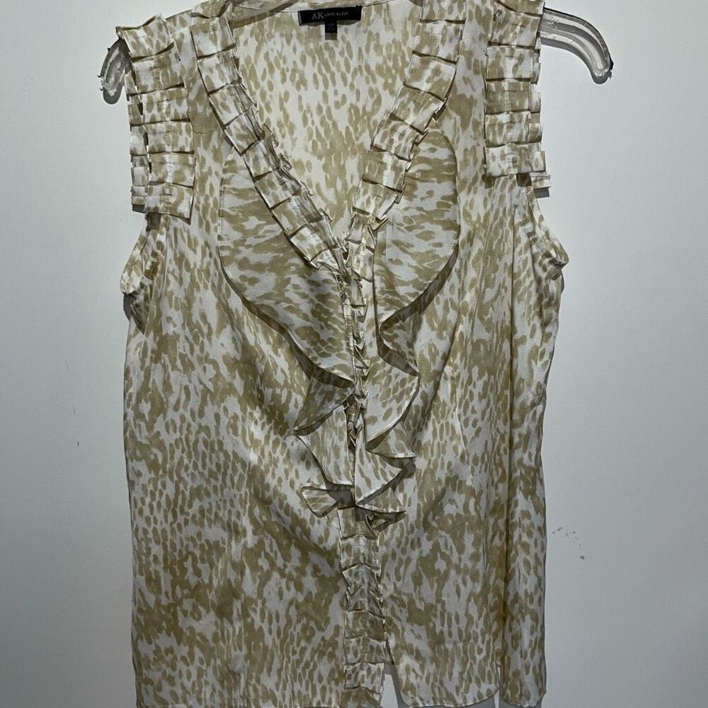 Anne Klein Womens 12P Tan Animal Print Ruffle V-Neck Sleeveless Blouse Top‎